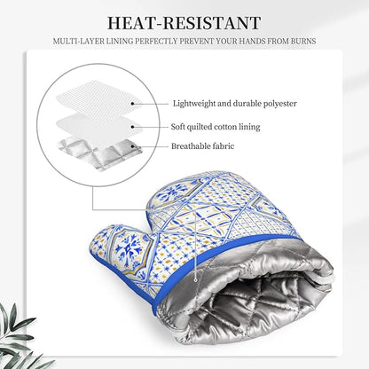 Blue Boho Geometric Silicone Oven Mitts Pan Mats Set of 2, Heat Resistant Gloves Potholder with Non-Slip Grips Hanging Loops Pot Holder, Spring Summer for Chef Cooking, Baking, Grilling, BBQ