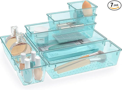 StorMiracle 7 PCS Clear Plastic Drawer Organizers Set, 4 Size Desk Drawer Organizer Trays for Makeup, Jewelry, Kitchen Utensils, Gadgets and Office Accessories, Sea Blue by StorMiracle