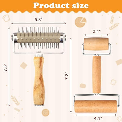 2Pcs Pizza Dough Roller & Dough Docker, Wood Rolling Pin Stainless Steel Dough Hole Puncher for Pizza, Pie, Pastry, Bread, Pasta, Cookie, Crust, burlywood, JKUS20407