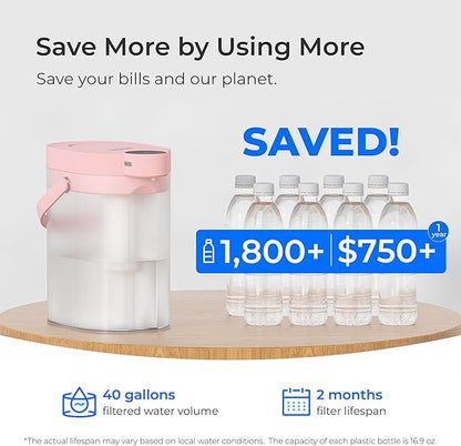 Waterdrop ED06P Electric Water Filter Pitcher, FreshTaste Rechargeable Dispenser, 17-Cup Instant Countertop Purifier, Reduce Chlorine, Lead, Copper, Purify, Soften Water, Does not Lower TDS, Pink