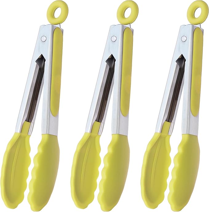 HINMAY Small Appetizer Tongs 7-Inch Silicone Tipped Kitchen Tongs, Set of 3 (Yellow) by HINMAY