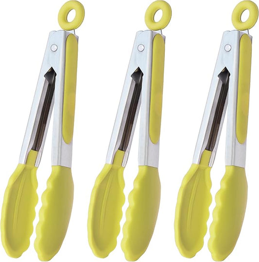 HINMAY Small Appetizer Tongs 7-Inch Silicone Tipped Kitchen Tongs, Set of 3 (Yellow) by HINMAY