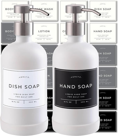 Hand and Dish Soap Dispenser for Kitchen and Bathroom, Set of 2 16 Oz Glass Bottles, Stainless Steel Pumps, Non-Slip Silicone Base, 27 Waterproof Labels (Matte White Bottle/Brushed Silver Pump) by Verute