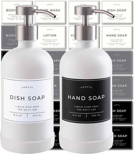 Hand and Dish Soap Dispenser for Kitchen and Bathroom, Set of 2 16 Oz Glass Bottles, Stainless Steel Pumps, Non-Slip Silicone Base, 27 Waterproof Labels (Matte White Bottle/Brushed Silver Pump) by Verute
