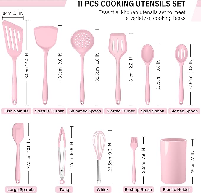 HaWare 11 PCS Silicone Cooking Utensils Set, Heat Resistant Kitchen Utensils with Holder, Food-grade Spatula Sets for Nonstick Cookware, Kitchen Tools Gadgets Include Fish Turner, Spoon (Pink) - Image 2