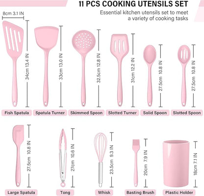 HaWare 11 PCS Silicone Cooking Utensils Set, Heat Resistant Kitchen Utensils with Holder, Food-grade Spatula Sets for Nonstick Cookware, Kitchen Tools Gadgets Include Fish Turner, Spoon (Pink) - Image 2