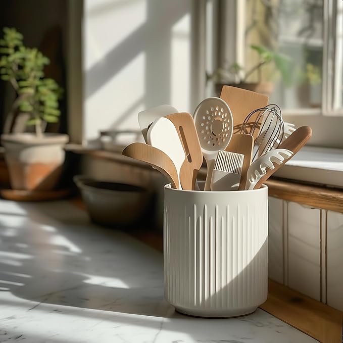 JIEMEI HOME Utensil Holder, 7.2" Large Ceramic Stable Utensil Crock for Kitchen Counter, Utensil Holder with Cork Mat, Removable Bamboo Divider for Easy, Kitchen Decor, White - Image 8