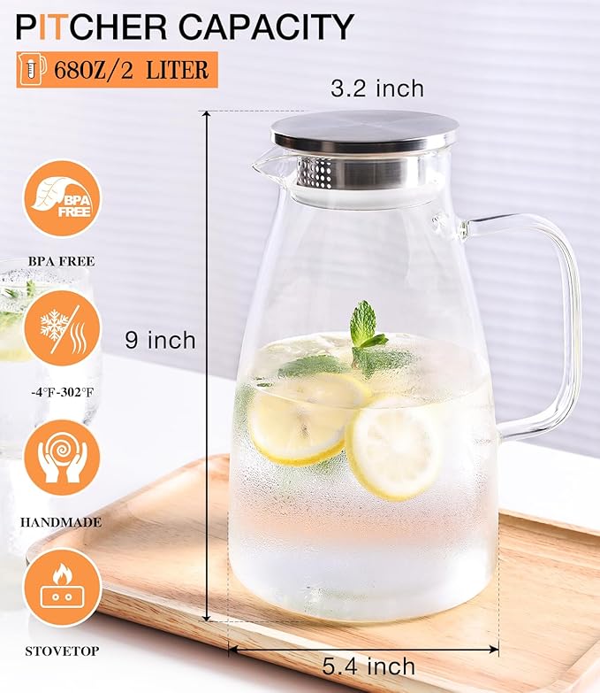 Glass Pitcher with Lid, 2 Liter 68oz Water Pitcher with Handle and Spout for Fridge, Borosilicate Glass for Iced Tea, Juice, Sangria, Cold/Hot Beverage, Large Jug - Image 3