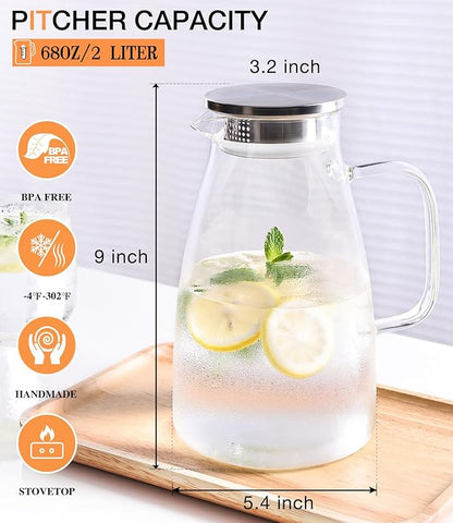Glass Pitcher with Lid, 2 Liter 68oz Water Pitcher with Handle and Spout for Fridge, Borosilicate Glass for Iced Tea, Juice, Sangria, Cold/Hot Beverage, Large Jug - Image 3