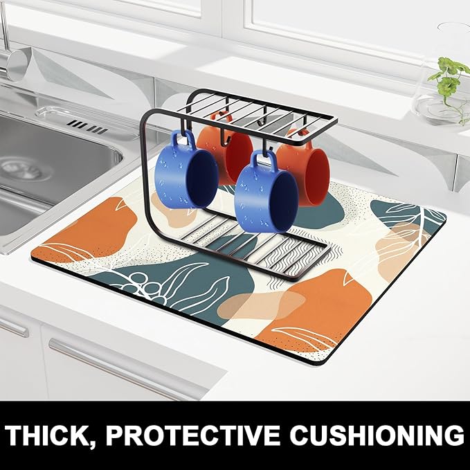 Rnivvi Dish Drying Mat for Kitchen Counter, 16 x 18" Cute Boho Theme Absorbent Heat Resistant Drying Pad with Non-slip Rubber, Coffee Bar Mats for Coffee Machine Dish Rack, Abstract Leaves - Image 2