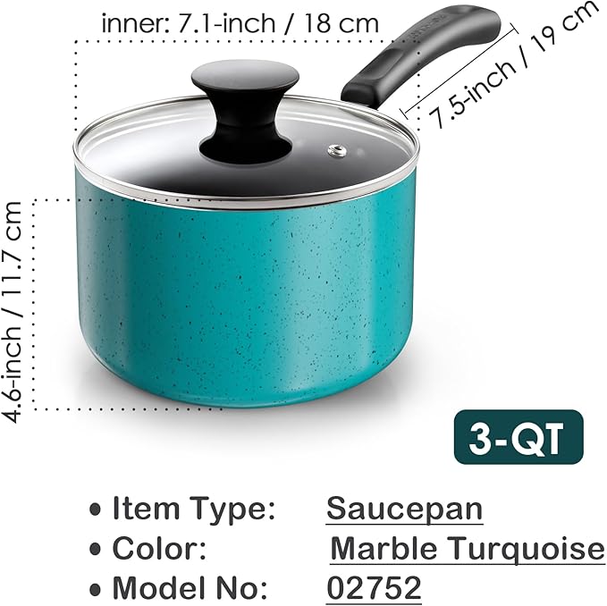Cook N Home Non Stick Sauce Pan, 3 Quarts Saucepan with Glass Lid, Nonstick Small Multi-purpose Pot, Milk Chocolate Aluminum Cooking Pot Pan with Stay-Cool Handle, Turquoise - Image 2