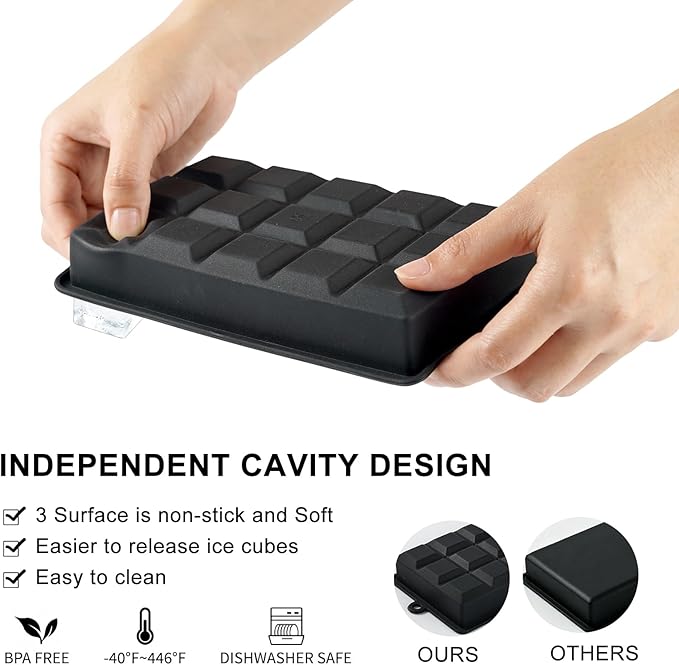 Premium Silicone Ice Cube Trays with Lid - 15 Large Square Ice Cubes for Whiskey, Cocktails, Coffee & More - BPA Free, Stackable, Easy Release & Dishwasher Safe - Black-2pack
