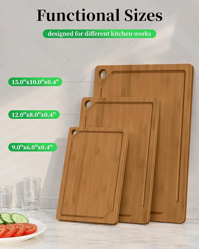Kitchen Cutting Board Set - 3-Piece Wooden Cutting Boards for Kitchen with Juice Groove, Handles, Hang Holes, Stylish Kitchen Essentials for Chpping & Serving, Brown, 0.4"Th - (L+M+S) - Image 2