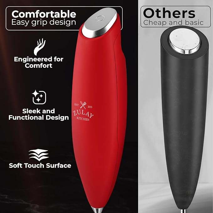 Zulay Kitchen Patented Tornado Triple Whisk Milk Frother with 4 Duracell Batteries – Handheld Foam Maker for Coffee, Lattes, Matcha & Hot Chocolate – Rich, Creamy Froth in Seconds - Cardinal Red - Image 4