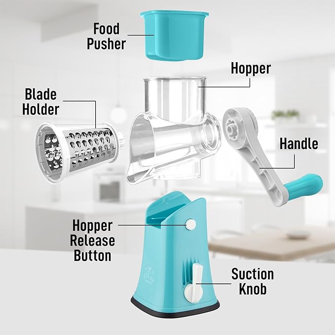 Zulay Kitchen Rotary Cheese Grater 5 Blade Cheese Shredder - Manual Hand Crank Cheese Grater With Reinforced Suction & 5 Interchangeable Drums - Easy to Use, Vegetable Chopper Round Mandoline Slicer - Image 8
