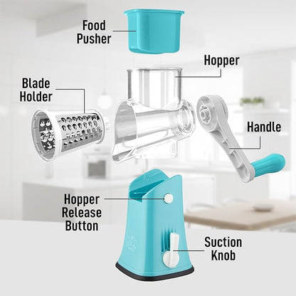Zulay Kitchen Rotary Cheese Grater 5 Blade Cheese Shredder - Manual Hand Crank Cheese Grater With Reinforced Suction & 5 Interchangeable Drums - Easy to Use, Vegetable Chopper Round Mandoline Slicer - Image 8