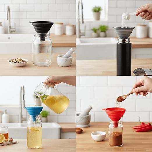 Kitchen Funnel Set of 4 – Collapsible Silicone Funnels for Filling Bottles, Spice Jars, and Mason Jars – BPA-Free, Food Grade, Dishwasher Safe, Foldable for Easy Storage