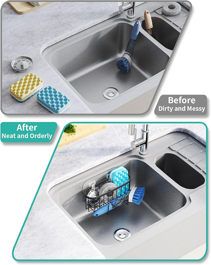 HapiRm Kitchen Sponge Holder for Sink - 2 Installation Methods Kitchen Sink Caddy Organizer with Unique M-Shaped, Rustproof Stainless Steel Sponge Caddy - Black（Large） - Image 6