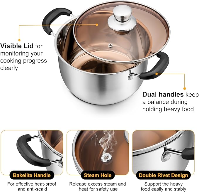 P&P CHEF 6 Qt Stockpot with Lid, Stainless Steel Cooking Stock Pot for Soup, Heat-Proof Double Handles with Visible Lid, Dishwasher Safe & Healthy, 1-Ply Metal