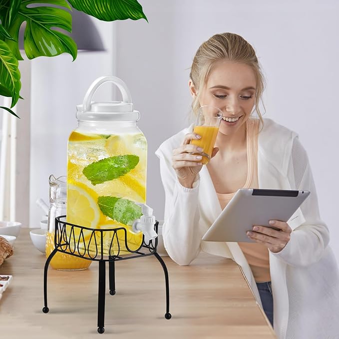 Tanlade 2 Pcs Plastic Drink Dispenser with Stand Beverage Dispenser with Sturdy Metal Base Juice Jar for Parties Lemonade Jar Spigot for Weddings Countertop Water, Each 1 Gallon(White)