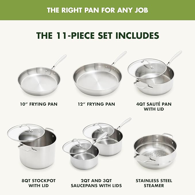 GreenPan Stainless Steel Cookware Set, 11 Piece, Induction Cookware, Dishwasher Safe, Oven Safe to 600F, Large 8QT Stock Pot, Sauce, Saute, Frying Pans, Pots & Pans Kitchen Essentials, Silver - Image 3
