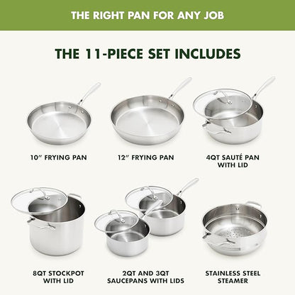 GreenPan Stainless Steel Cookware Set, 11 Piece, Induction Cookware, Dishwasher Safe, Oven Safe to 600F, Large 8QT Stock Pot, Sauce, Saute, Frying Pans, Pots & Pans Kitchen Essentials, Silver - Image 3