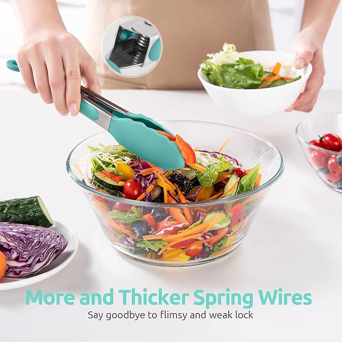 600ºF Heat Resistant Kitchen Tongs: U-Taste 9 inch Silicone Cooking Tong with Firm Sealed Non Stick Rubber Tips & Silicon Coated 18/8 Stainless Steel Handle & Smooth Locking for Serving Salad-Aqua Sky - Image 8
