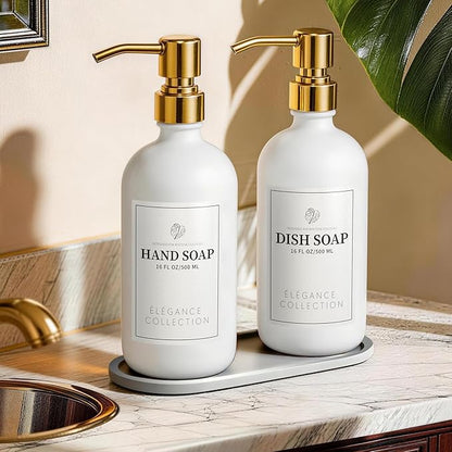 White Glass Soap Dispenser Set of 2, 16oz Hand and Dish Soap Dispenser for Kitchen & Bathroom, Gold Stainless Steel Pump, Non-Slip Base, 14 Waterproof Labels, Contemporary Style by FachixyUS