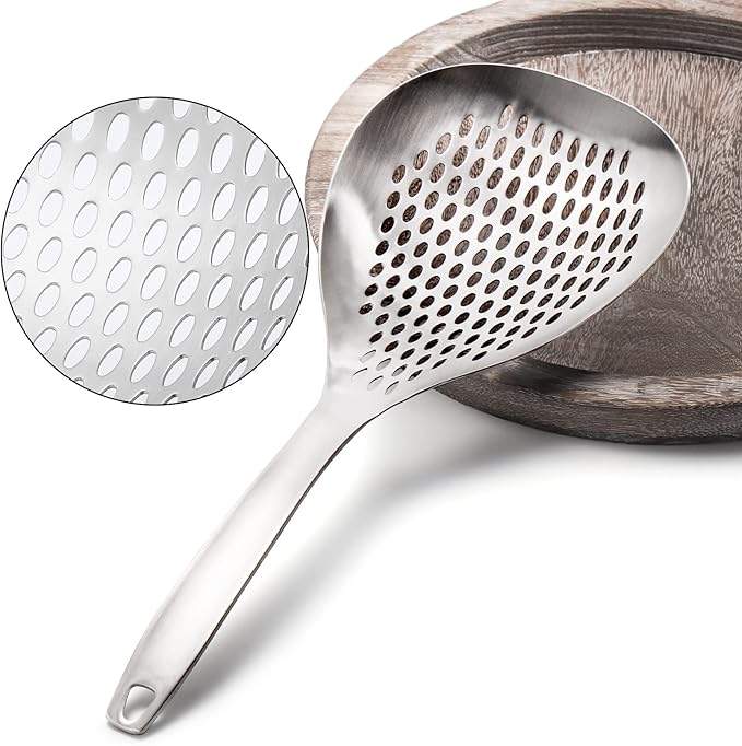 2 Pack Skimmer Slotted Spoon, 13.6 Inch Large Stainless Steel Skimmer Ladle Spoon Spider Strainer with Handle and Hanging Holes, Fryer Scoop Kitchen Colander for Cooking, Draining and Frying