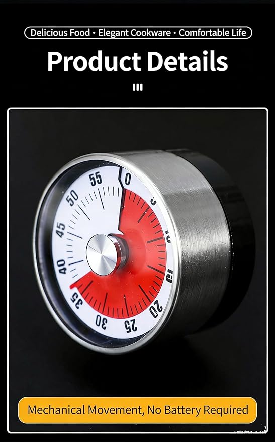 Mechanical Kitchen Timer, 60-Minute Wind Up Countdown Timer with Magnetic Back, Stainless Steel, Loud Alarm, Red White for Cooking Baking Classroom