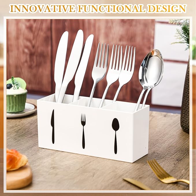 Suzile Acrylic Cutlery Storage Organizer Bin Silverware Caddy Countertop Knife Spoon and Fork Holder Kitchen 3 Section Tableware Storage Box for Cabinet Indoor Home Flatware Dining Room (White,M) - Image 4