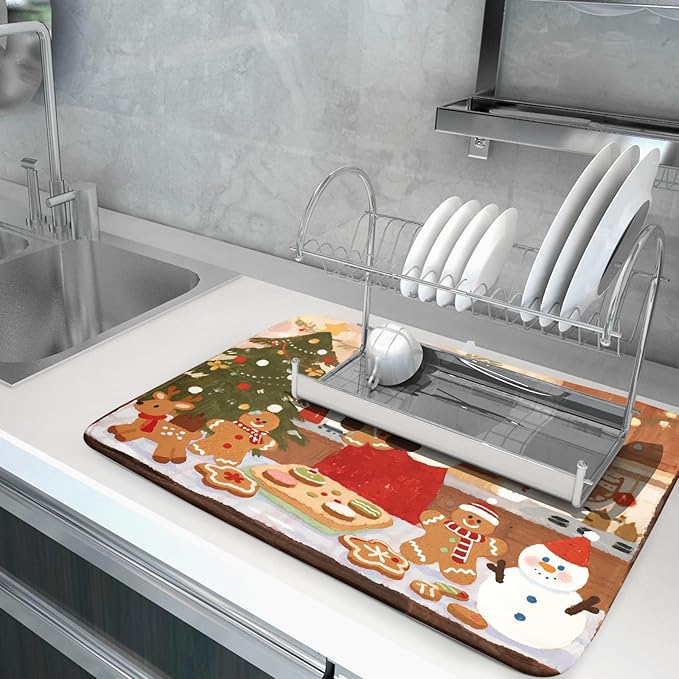 Christmas Dish Drying Mat for Kitchen Counter 18x24 Santa Claus Gingerbread Winter Xmas Holiday Themed Absorbent Reversible Microfiber Drying Mats Kitchen Countertop Protector Dishes Drainer Rack Pad - Image 5