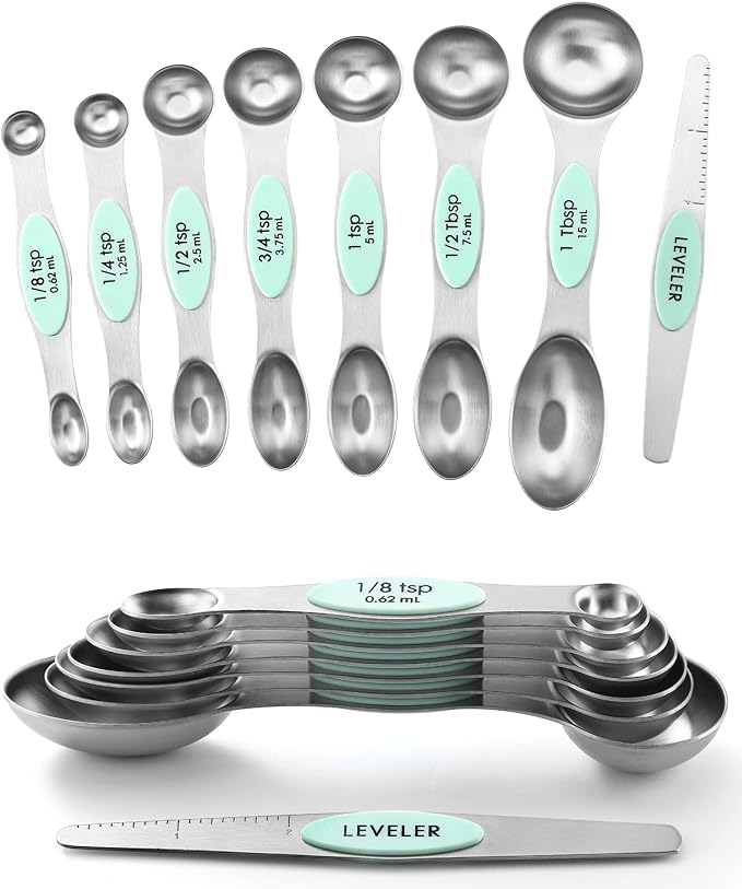 Spring Chef Stainless Steel Magnetic Measuring Spoons Set of 8 with Leveler, Metal Teaspoon & Tablespoon Measuring Spoons, Fits in Spice Jars, Kitchen Gadgets for Baking & Cooking - Set of 2 - Mint by SpringChef