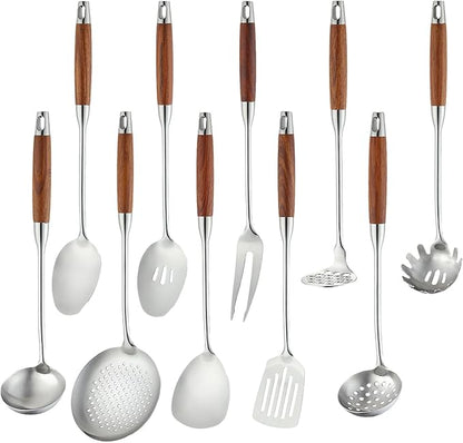Izurok 18/10 Stainless Steel Kitchen Utensils Set,10 Piece Cooking Utensils With Wood Handle,Heat Resistant Kitchen Tool Set With Spatula,Spoon,Ladle,Skimmer,Slotted Turners,Pasta,Turner,Ladl,Fork by IzurokBuynow