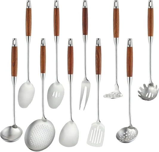 Izurok 18/10 Stainless Steel Kitchen Utensils Set,10 Piece Cooking Utensils With Wood Handle,Heat Resistant Kitchen Tool Set With Spatula,Spoon,Ladle,Skimmer,Slotted Turners,Pasta,Turner,Ladl,Fork by IzurokBuynow