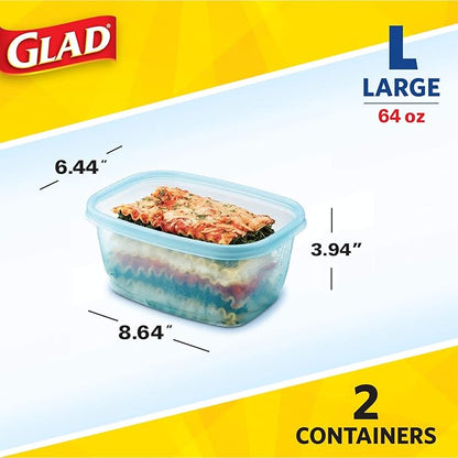 Glad GladWare FreezerWare Food Storage Containers with Lids, Large Rectangle No BPA Plastic for Freezing Soups Meals and Batch Cooking, Crack Resistant, Microwave Dishwasher Safe, 64 Oz, 2 Ct - 6 Pk