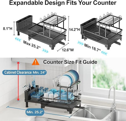 GSlife 2 Tier Dish Drying Rack with Drainboard, Expandable Large Dish Drainer for Kitchen Counter, Rust Resistant Dish Drainer with Cup Holder & Utensil Holder, 12.6" W x 18.7"-25.2" L, Black - Image 2