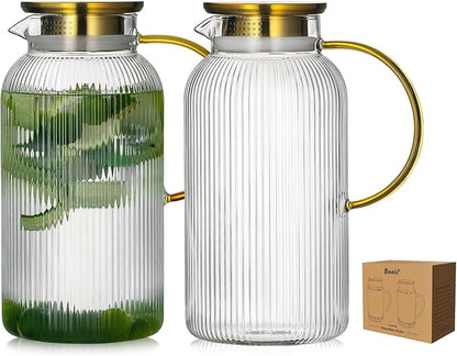 Buaic 2 PACK Glass Pitcher with Lid, 84oz/2.5L Liter Classic Vertical Stripes Water Pitcher,Glass Water Carafe for Cold Brew, Coffee, Lemonade, Iced Tea,Sun Tea, Beverage, Heat Resistant