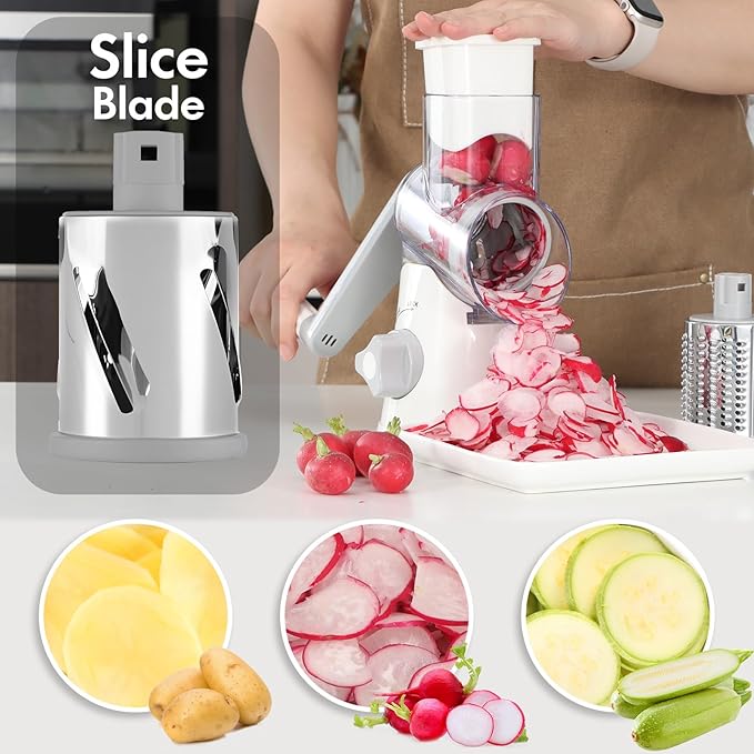 Rotary Cheese Grater with Handle, Kitchen Speed Hand Crank Vegetable Slicer, Potato Hash Brown Shredder Spinning Nut Grinder with 3 Replaceable Stainless Steel Drum Blades (White) - Image 4