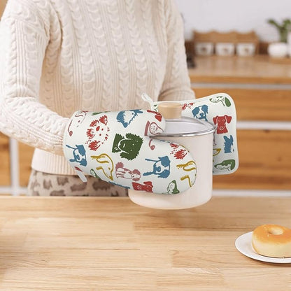 Cute Colorful Dog Puppy Silicone Oven Mitts Pan Mats Set of 2, Heat Resistant Gloves Potholder with Non-Slip Grips Hanging Loops Pot Holder, Spring Summer for Chef Cooking, Baking, Grilling, BBQ