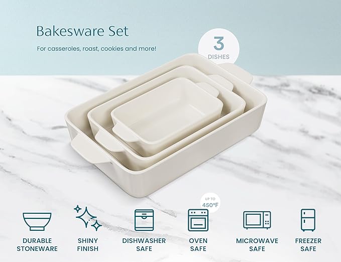 Kook Ceramic Bakeware Set, Rectangular Baking Dishes, For Casseroles, Lasagna, Cake, Small, Medium & Large Pans, Microwave & Dishwasher Safe, Set of 3, (Ivory) - Image 6