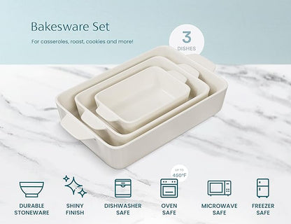 Kook Ceramic Bakeware Set, Rectangular Baking Dishes, For Casseroles, Lasagna, Cake, Small, Medium & Large Pans, Microwave & Dishwasher Safe, Set of 3, (Ivory) - Image 6