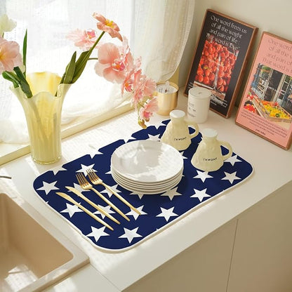 4th of July Dish Drying Mat 18 x 24 inch Independence Day Blue Stars Decorative Drying Mats Microfiber Absorbent Holiday Patriotic Dish Washable Draining Mat for Kitchen Counter Decor
