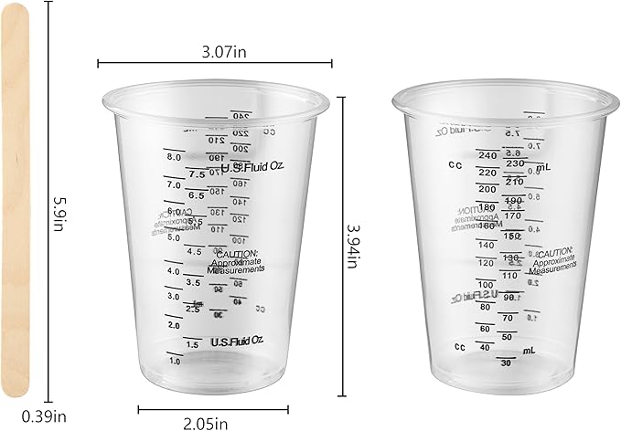 20pcs 8oz Graduated Clear Plastic Measuring Mixing Cups with 20pcs Wooden Stirring Sticks for Mixing Paint, Pigments, Epoxy Resins