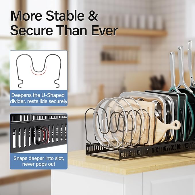 ORDORA Pots and Pans Organizer under Cabinet with Pot Lid Organizer, Expandable Rack for Pan and Pot Organizers Inside Cabinet, 11.8"-22.8" Adjustable with 14 Dividers for Kitchen Organization, Black - Image 4