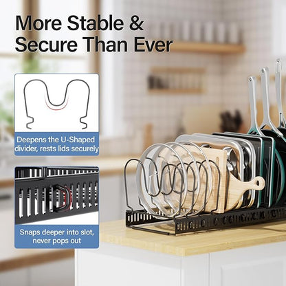 ORDORA Pots and Pans Organizer under Cabinet with Pot Lid Organizer, Expandable Rack for Pan and Pot Organizers Inside Cabinet, 11.8"-22.8" Adjustable with 14 Dividers for Kitchen Organization, Black - Image 4