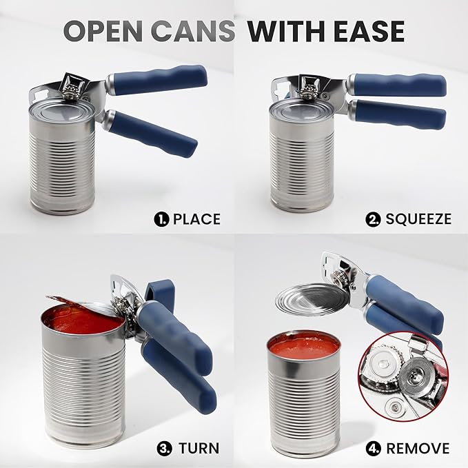 Zulay Kitchen Heavy Duty Stainless Steel Can Opener Manual with Bottle Opener - Rust Proof Manual Can Opener With Turn Knob & Comfy Soft Grip Handles - Blue - Image 6
