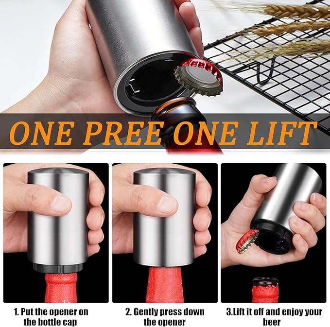 Premium Automatic Beer Bottle Opener (Stainless Steel), No Damage to Caps, Portable Push Down and Pop Off Magnetic Cap Catcher, QUICK Fun Bartender Openning Tool for Corkscrew Lid Home Bars Kitchen - Image 6
