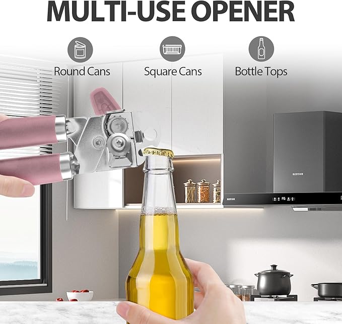 Safring Can Opener Manual, Heavy Duty Handheld Strong Can Opener with Soft Touch Handle, Sharp Blade Smooth Edge, Can Openers with Multifunctional Bottle Opener, Pink - Image 5