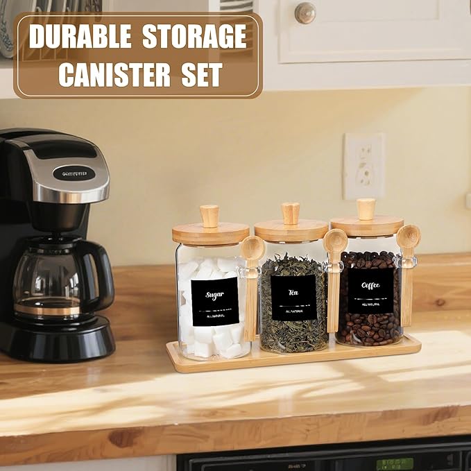 Suclain 3 Pcs Glass Coffee Container with Wooden Lid Spoon Shelf Labels Clear Airtight Jar Food Storage Canister Set for Sugar Spice Coffee Bean Holder Housewarming Gift(25 oz,Natural Bamboo) - Image 6